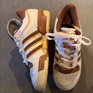 Adidas White and Brown Sneakers with Yellow Stripes